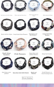 Detailed grid of sixteen crisscross fabric headbands featuring floral and striped patterns