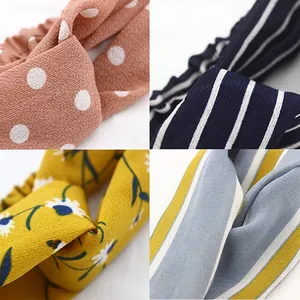 Crossed elastic headbands set featuring polka dots stripes and floral chiffon patterns