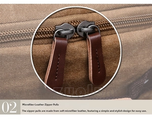 Detail of dual metal zippers with premium brown microfiber leather pullers on canvas bag