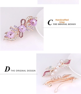 Detail of elegant crystal flower and pearl leaf alloy hair clips in purple and pink