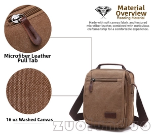 Detail showing high-density 16oz washed canvas material and microfiber leather zipper pull