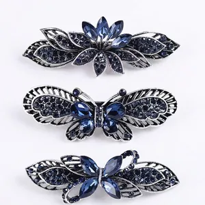 Vintage Butterfly Leaf Bow Hair Clips Alloy Blue Rhinestone Crystal Elegant Hairpin For Women