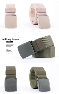 Detail view of pink and battle green nylon belts with matte alloy buckle and knit texture