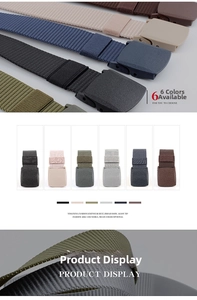 Detailed close-up of colorful nylon woven belts with sleek smooth buckles in six colors