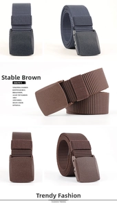 Detail of high-density brown knit canvas belt with broad matte buckle and nylon texture