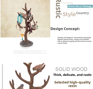 Macro detail of rustic resin jewelry stand with realistic birds and wood grain finish