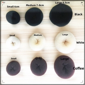 Three sizes of hair donut bun makers in black, white, and brown for professional hair styling