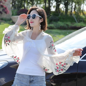White chiffon beach shawl with floral embroidery and ruffle sleeves for summer sun protection