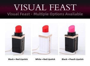 Lipstick shaped acrylic evening clutches in black and white with gold chain straps
