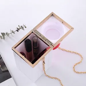 Chic white acrylic cube evening clutch bag with gold chain strap and metal frame
