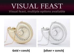 Detailed view of conch shaped evening clutch bags with metallic texture and chain