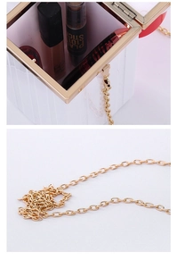 Detail view of white acrylic clutch with gold metal frame and chain shoulder strap