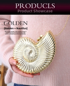 Detail view of golden seashell evening bag with mirror finish and metal chain strap