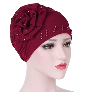 Burgundy turban headscarf featuring large 3D flower and elegant pearl beads decoration
