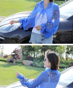 Blue chiffon beach shawl with floral embroidery and puff sleeves for sun protection