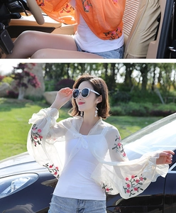 Detail showing orange and off-white chiffon sun protection cardigans with floral embroidery