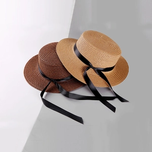 Vintage Ribbon Bow Boater Straw Hat For Women And Kids Outdoor Sunshade Beach Flat Top Paper Straw Sun Hat Summer Accessory