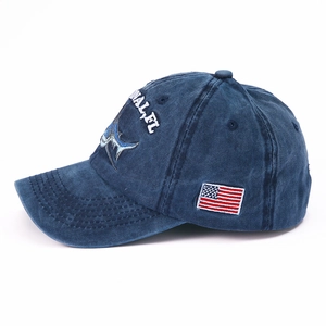 Vintage navy blue washed cotton baseball cap with embroidered shark and American flag