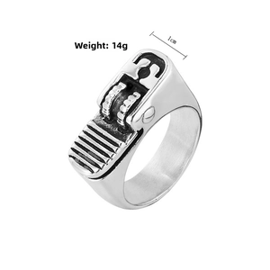 Detailed view of titanium steel lighter-shaped ring with vintage finish and dimensions
