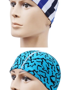 Macro shot of blue striped and abstract patterned swim durags with elastic fabric