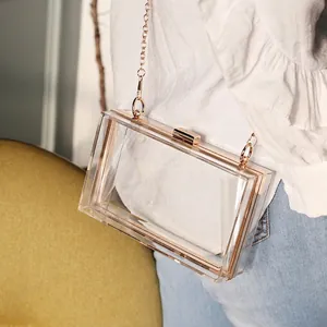 Women Acrylic Box Clutch Evening Bag Transparent Square Hard Shell Handbag Gold Metal Frame Chain Strap Fashion