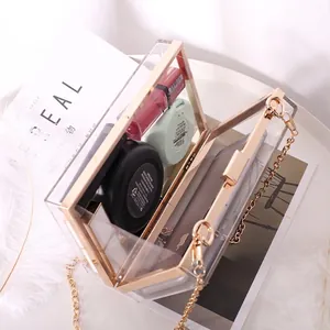 Elegant clear acrylic box clutch with gold metal frame and chain strap on white feathers