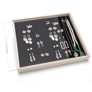 Solid wood jewelry organizer box with acrylic cover and black velvet lining for earrings