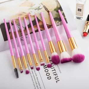 10-piece gradient pink makeup brush set with glitter handles and soft purple fiber bristles