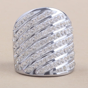 Exaggerated 9-row rhinestone inlaid 304 stainless steel ring with a wide slanted surface