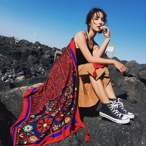Bohemian red cotton linen shawl with geometric floral print and tassels for beach use