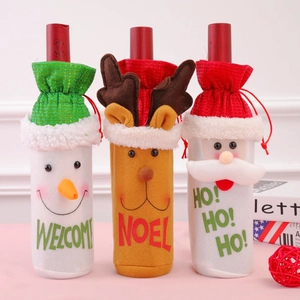 Couvertures De Bouteilles De Vin De Noël Tissu Peluche Père Noël Bonhomme De Neige Renne Motifs Cordon Décor De Table