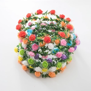 Colorful foam rose flower crown headbands featuring green leaves for festivals and weddings