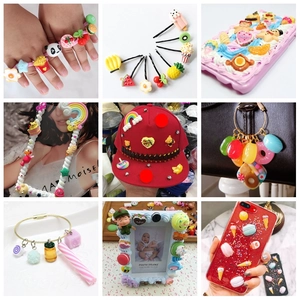 Collage of colorful resin food charms for DIY phone cases and hair accessories decor