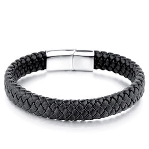 Braided black leather bracelet with a polished silver magnetic clasp on white background