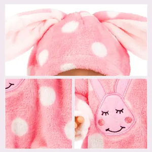 Pink plush doll outfit with white polka dots and cute bunny ears for 18 inch dolls