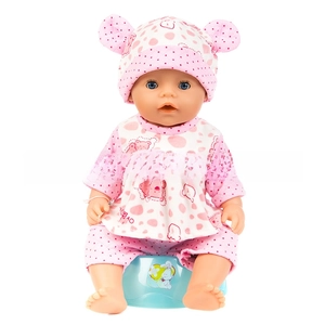 Detail of 18-inch doll in bear print outfit with matching hat and toy potty accessory