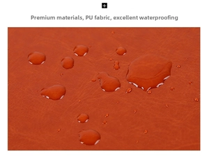 Close-up of brown PU leather texture showing water droplets and waterproof feature