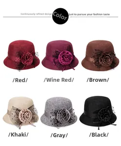 Collage of linen sun hats in six colors featuring floral mesh bow detail for women