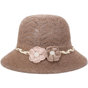 Chapeau de soleil d'été ajouré pour femme marron clair avec fleurs au crochet et perles