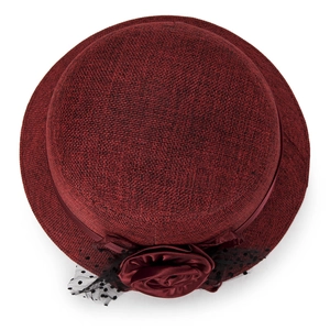 Vintage dark red linen sun hat with large floral decor and polka dot mesh veil