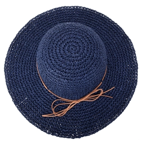 Navy blue straw sun hat for women with wide brim and decorative brown leather bow