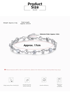 Detail view of 925 sterling silver heart bracelet with size specifications and 20.5cm length