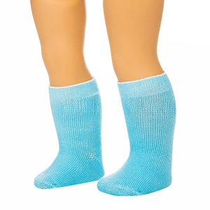Detail of sky blue ribbed knit doll socks with white trim for 18 inch girl dolls