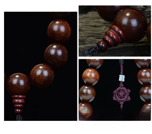 Macro detail of hand-polished rosewood beads with a purple Chinese knot tassel on a black background