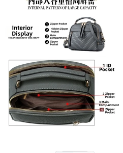 Detail view of multi-compartment interior for gray leather crossbody bag for women
