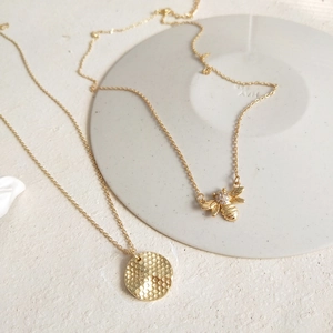 925 Sterling silver gold bee necklace set with hammered disc pendant jewelry for women