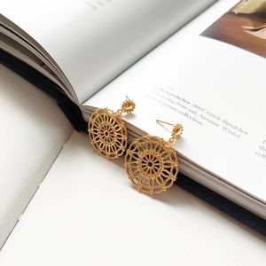 Hollow Round Mandala Stud Earrings 18K Gold Plated 925 Sterling Silver Vintage Lace Design Elegant Jewelry For Women