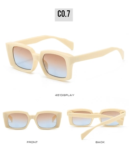 Three-way view of thick beige rectangular sunglasses with gradient lenses in style C0.7