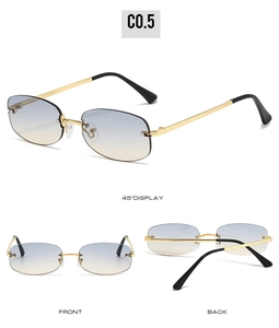 Three-view display of Y2K rimless sunglasses with blue to yellow gradient lenses