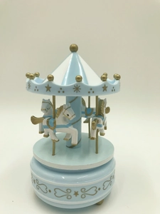 Blue and white wooden carousel music box with golden stars for birthday cake decoration